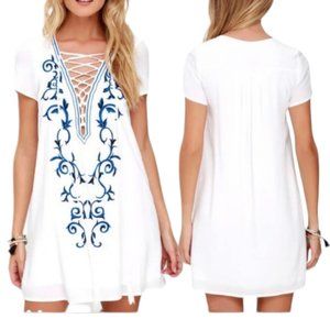 Lulus Dress Womens Medium White Lace Up Shift Short Sleeve Embroidered Lined